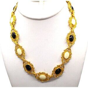 Ornate Gold Tone Chain Necklace featuring White and Black Medallions